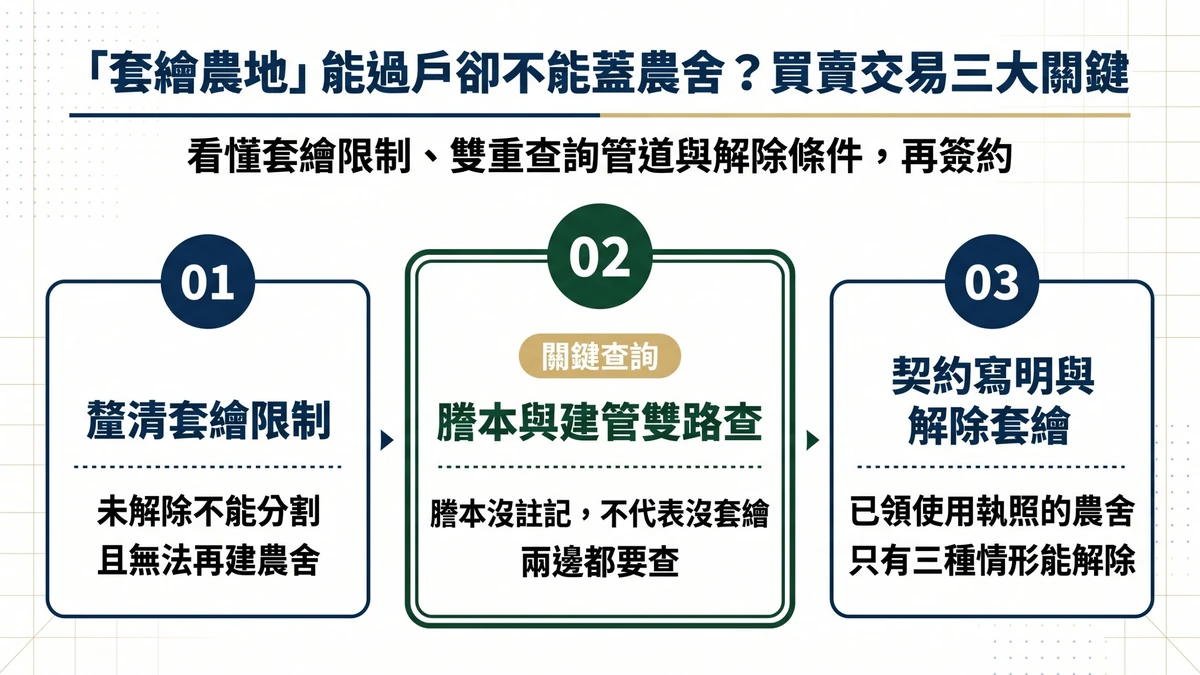 套繪農地買賣三大關鍵:釐清套繪限制、謄本與建管雙路查、契約寫明與解除套繪 套繪農地買賣三大關鍵:釐清套繪限制、謄本與建管雙路查、契約寫明與解除套繪